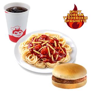 Spicy Korean Tteokbokki Spaghetti w/ Yumburger & Regular Soft Drink